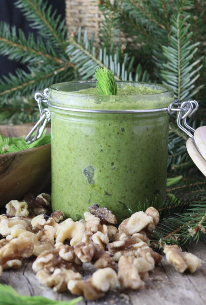 Image of fresh spruce tip pesto in a jar.